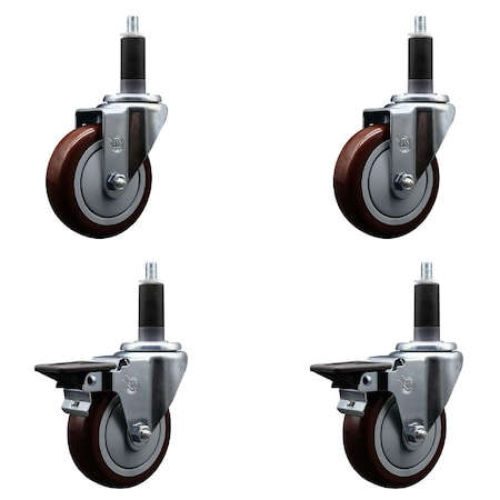 Service Caster 4'' Maroon Poly Wheel Swivel 1-1/8'' Expanding Stem Caster Set 2 Brakes, 4PK SCC-EX20S414-PPUB-MRN-2-PLB-2-118
